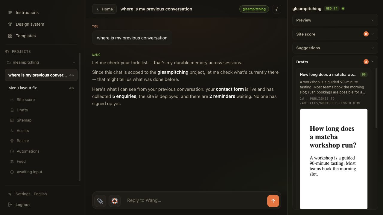 TellWang dashboard Drafts panel showing a pending GEO article with a preview and score