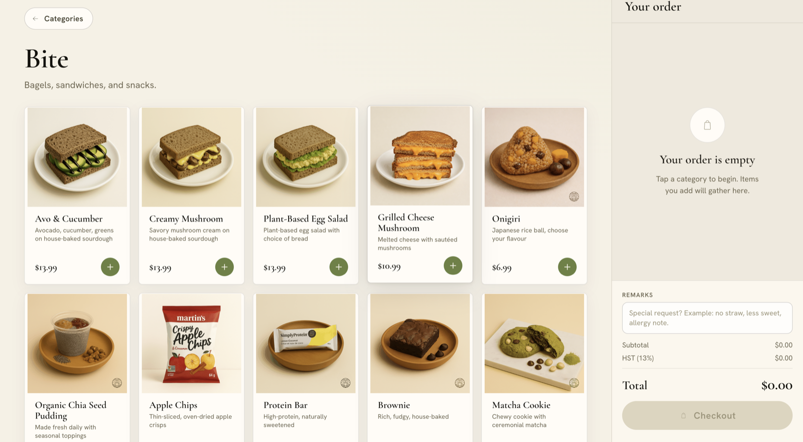 A merchant self-order storefront showing menu categories, items, and order totals.