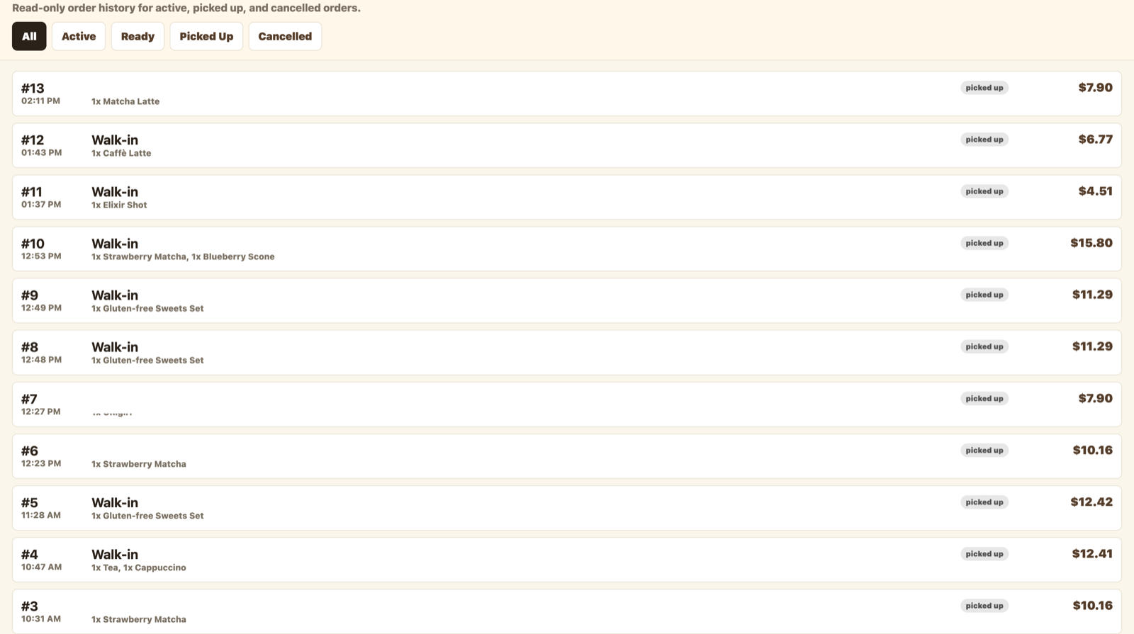 A day of real orders with order numbers, times, statuses, and totals.